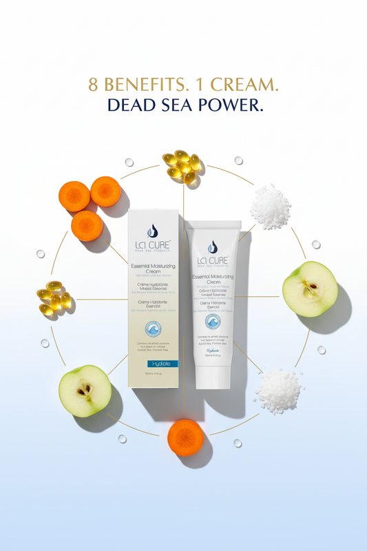 La Cure Essential Moisturizing Cream 100ml ingredient map with Dead Sea minerals Vitamin E carrot extract and apple extract for 8 skin benefits