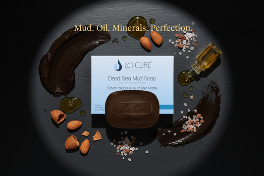 La Cure Dead Sea Mud Soap 90g luxury flat lay with Dead Sea black mud sweet almond oil honey and natural oils for deep cleansing and moisturizing