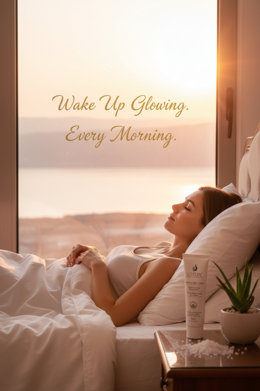 Beautiful woman with glowing rejuvenated skin waking up beside the Dead Sea sunrise with La Cure Repairing Night Cream Dead Sea minerals aloe vera and shea butter overnight treatment