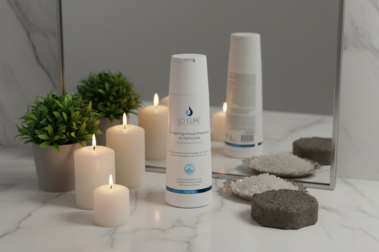 Two bottles of LoT Clinic skincare products on a marble surface with candles and plants.