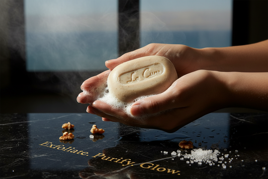 La Cure Dead Sea Scrub Soap rich lather with walnut shell granules on hands for deep cleansing and skin exfoliation with Dead Sea minerals