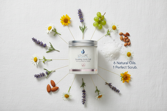 La Cure Soothing Scrub Salt flat lay with 6 natural oils lavender chamomile jojoba grape seed and Dead Sea minerals for deep exfoliation and skin softening