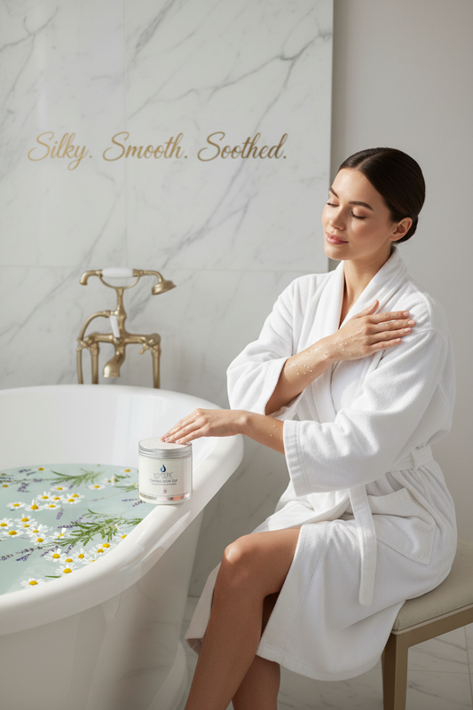 Beautiful woman massaging La Cure Soothing Scrub Salt with lavender and natural oils for silky smooth glowing skin in luxury spa