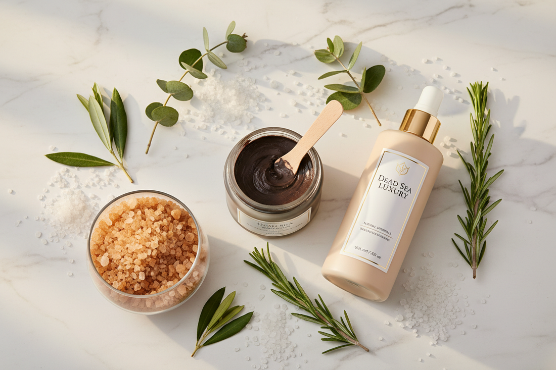 Authentic Dead Sea mineral skincare products - La Cure mud mask, bath salts and body lotion by Salt & Nile