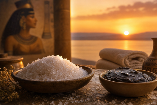 Luxuriöse Wellness-Szene am Toten Meer bei Sonnenuntergang mit Schalen von Totes Meer Salz und Schlamm, im Hintergrund ein Wandbild einer ägyptischen Königin.
