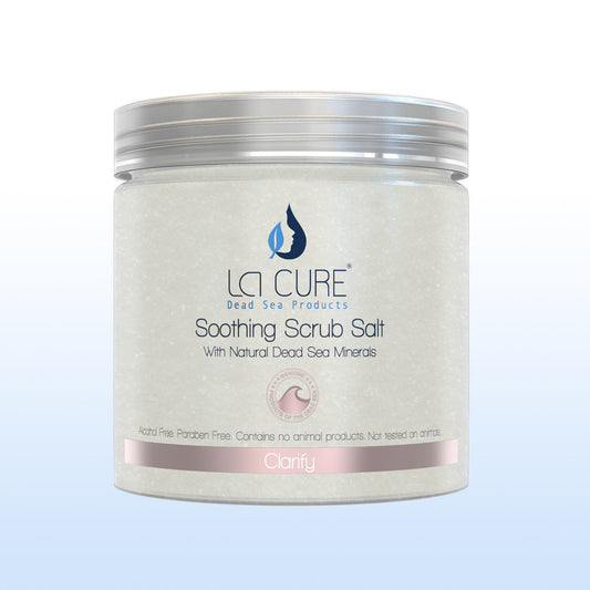 La Cure Soothing Scrub Salt jar with Natural Dead Sea Minerals Lavender Chamomile and Natural Oils for body exfoliation and skin softening Alcohol Free Paraben Free