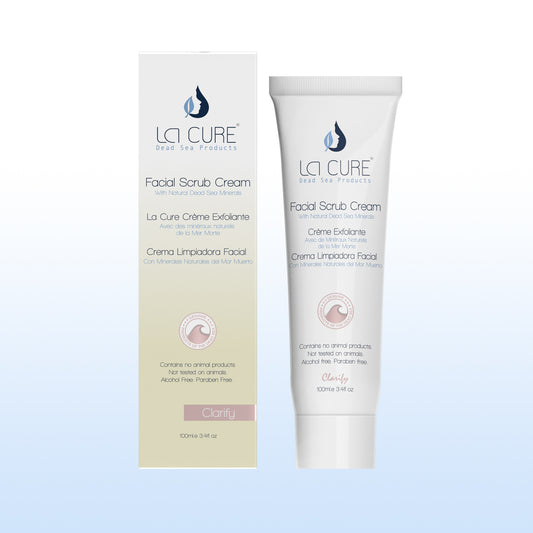 LCI Cure Facial Scrub Cream packaging on a light blue background