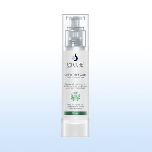 La Cure Cooling Toner Cream bottle on a light blue background