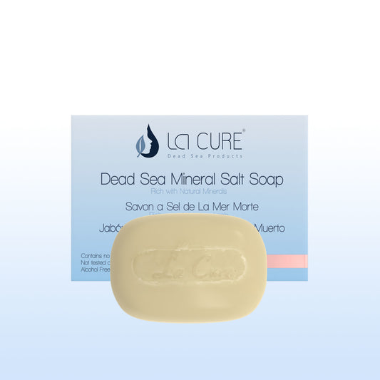 Dead Sea Mineral Salt Soap with LCI Cure branding on a light blue background