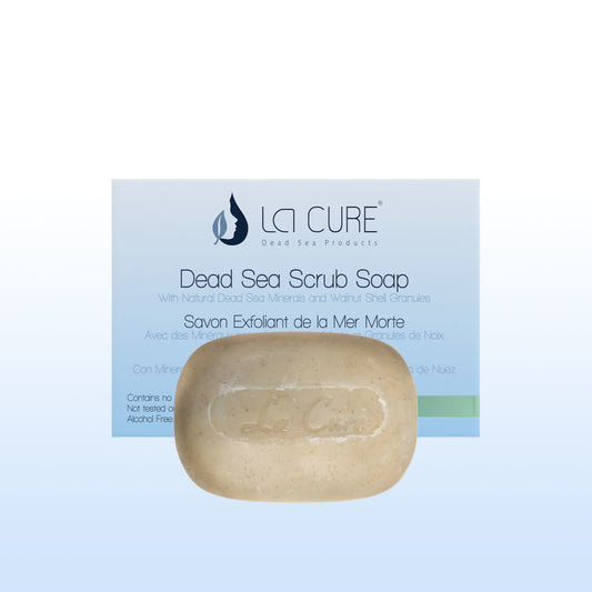 La Cure Dead Sea Scrub Soap 90g bar and box with Natural Dead Sea Minerals Walnut Shell Granules and Apple Extract Alcohol Free Paraben Free