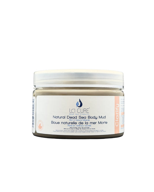 La Cure Natural Dead Sea Body Mud 400g jar flat lay with honey sweet almond oil Dead Sea salt crystals for 7 skin benefits deep cleansing and firming