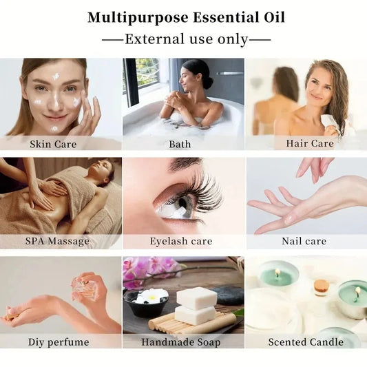 Promotional graphic for multipurpose essential oil with various uses including skin care, bath, hair care, spa massage, eyelash care, nail care, DIY perfume, handmade soap, and scented candles.