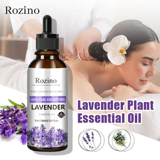 Rozino lavender essential oil bottle with a woman receiving a massage in the background