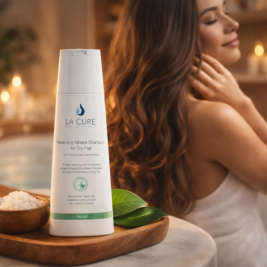 Woman with long hair in a spa setting with 'La Cure' shampoo bottle.