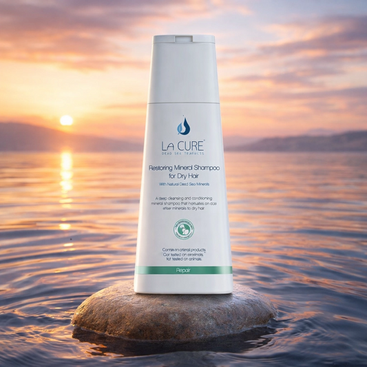Shampoo bottle labeled 'La Cure' on a rock with a sunset over water background
