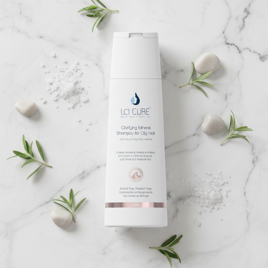 LCl Cure shampoo bottle on a marble surface with rosemary leaves