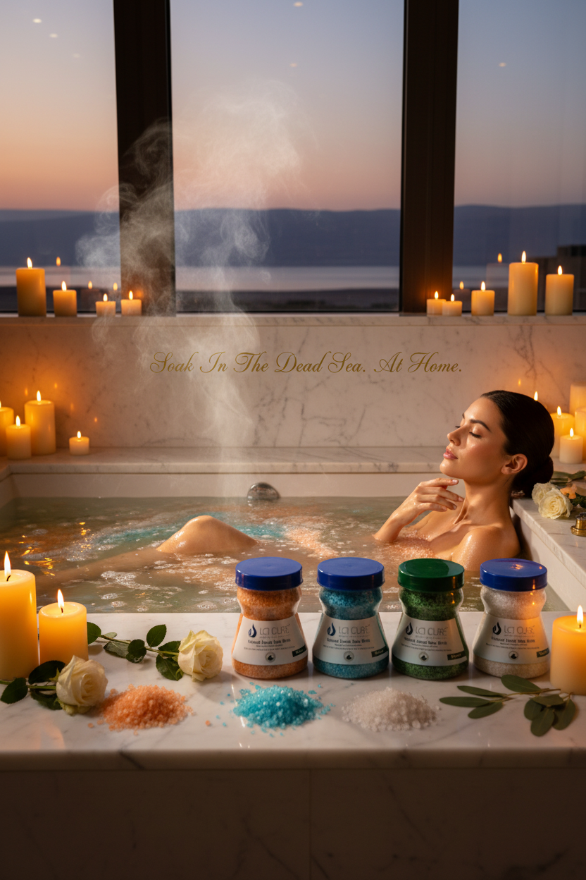 Woman in a hot tub with candles and spa products, overlooking a scenic view.