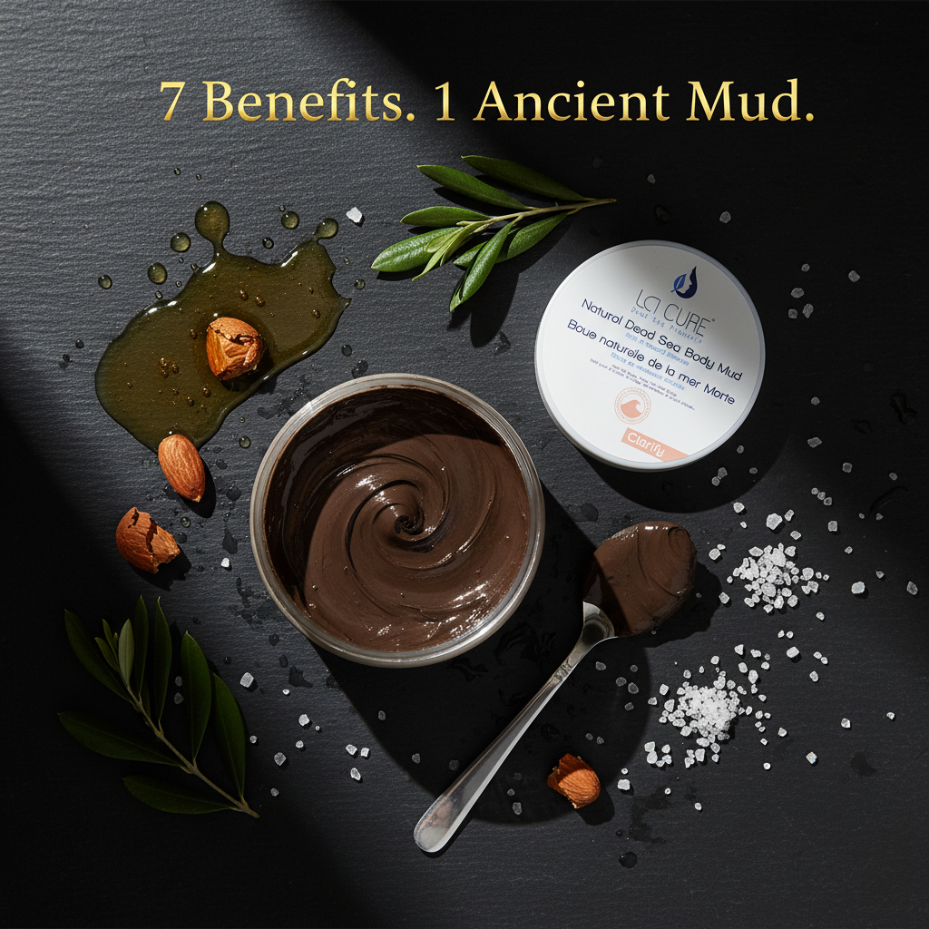 Mud product with natural elements on a dark background, featuring the brand 'La Cure'.