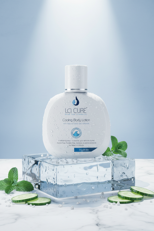 La Cure cooling body lotion bottle with cucumbers and mint leaves on a light blue background