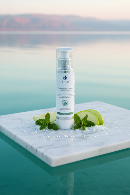 Skincare bottle with lime and mint leaves on a marble slab by a body of water