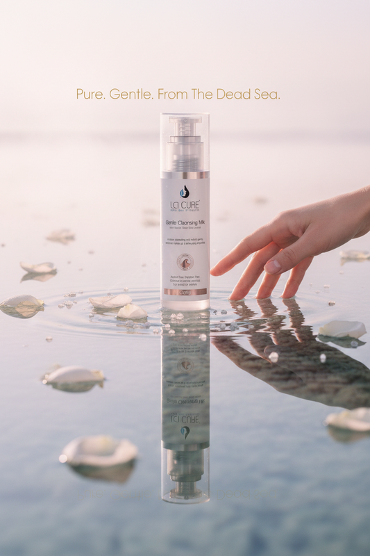 Skincare bottle with hand touching water, Dead Sea theme