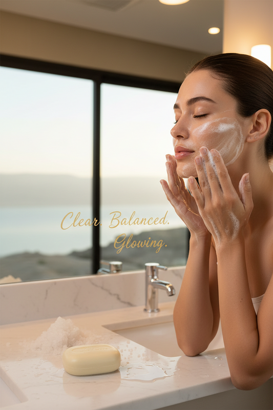 Beautiful woman with clear glowing skin washing face with La Cure Dead Sea Mineral Salt Soap for pH balance and acne-prone skin cleansing