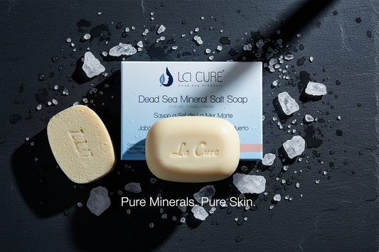 La Cure Dead Sea Mineral Salt Soap 90g flat lay with Dead Sea salt crystals and pure minerals for oily skin deep cleansing and pore purification
