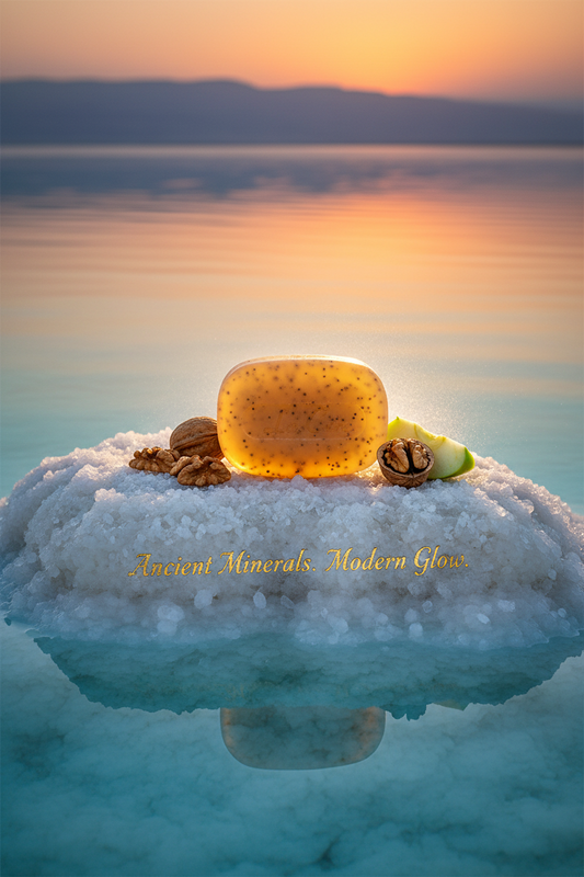 La Cure Dead Sea Scrub Soap 90g with walnut shell granules and apple extract on ancient Dead Sea salt formations at golden sunset for deep skin exfoliation