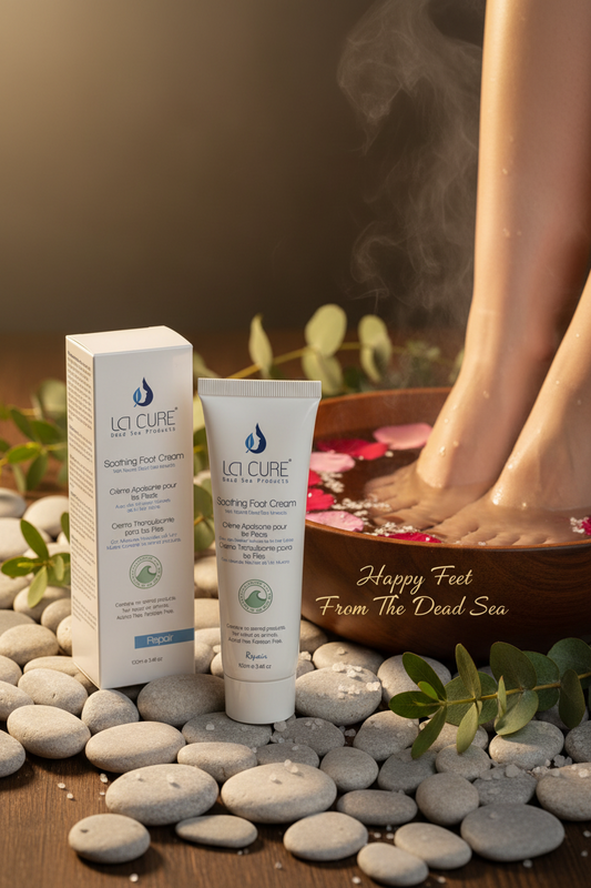 La Cure Soothing Foot Cream with Dead Sea minerals and Jojoba Oil displayed in a luxury spa setting with foot bath, rose petals and Dead Sea salt crystals