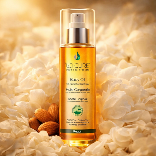 La Cure body oil bottle with almonds and flowers on a soft beige background