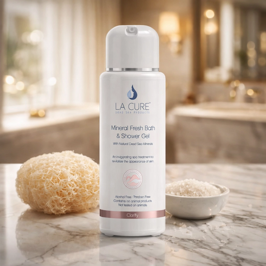 La Cure mineral fresh bath & shower gel bottle on a marble surface with a sponge and bowl in a bathroom setting.