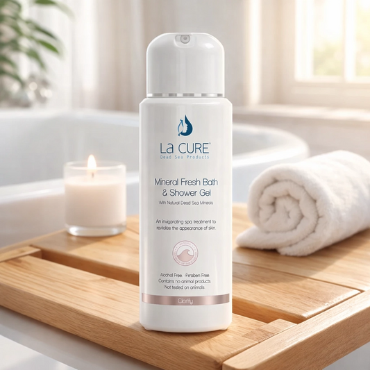 La Cure mineral fresh bath & shower gel bottle on a wooden tray with a candle and towel in a bathroom setting