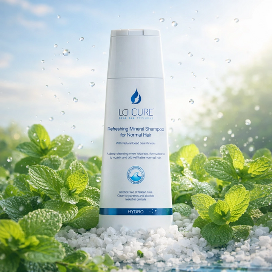 LG Cure shampoo bottle with a natural background of green plants and water droplets.