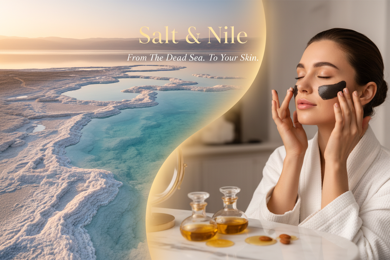 Woman applying a facial mask with a scenic view of the Dead Sea in the background, featuring 'Salt & Nile' branding.